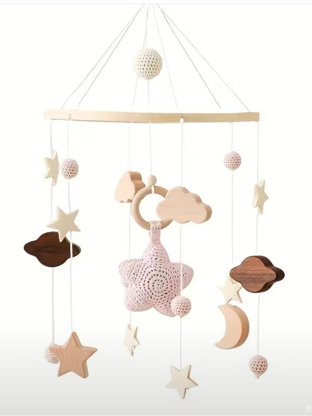 Wood & Crochet Star Baby Mobile in Blush Pink and Natural Wood
